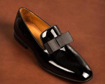 ręcznie robione mokasyny męskie Tolima czarne lakierowane skórzane czółenka Opera, skórzane buty męskie Tuxedo Loafers