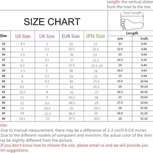 May include: A shoe size chart with measurements in inches and centimeters. The chart includes US, UK, EUR, and JPN sizes, with corresponding foot lengths. The chart also includes a note about manual measurement differences.