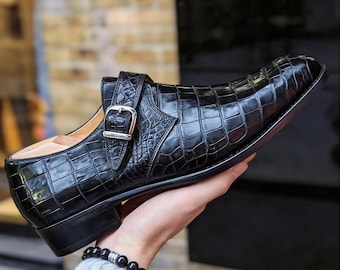 Handmade Black Crocodile Leather Monk Strap Shoes: Men's Formal Fashion shoes