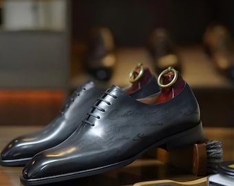 Engraved mens leather shoes –Made to your measurement, handmade grey wholecut Oxford dress shoes | custom groom shoes, gift for him