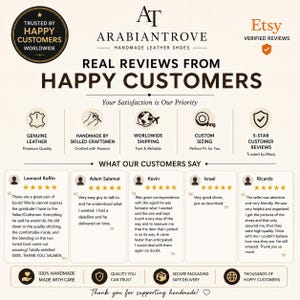 Peut inclure: Une infographie pour les chaussures en cuir faites &agrave; la main ArabianTrove pr&eacute;sentant des t&eacute;moignages de clients, des &eacute;valuations cinq &eacute;toiles et des ic&ocirc;nes illustrant le cuir v&eacute;ritable, l'artisanat, l'exp&eacute;dition et les avis v&eacute;rifi&eacute;s.