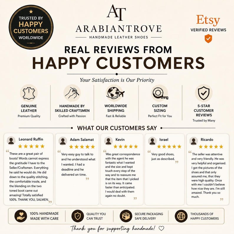 Peut inclure: Une infographie pour les chaussures en cuir faites &agrave; la main ArabianTrove pr&eacute;sentant des t&eacute;moignages de clients, des &eacute;valuations cinq &eacute;toiles et des ic&ocirc;nes illustrant le cuir v&eacute;ritable, l'artisanat, l'exp&eacute;dition et les avis v&eacute;rifi&eacute;s.