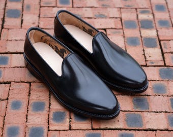 Black mens Loafers | Handmade Leather Shoes men | Plain Toe Formal Wedding leather Loafers