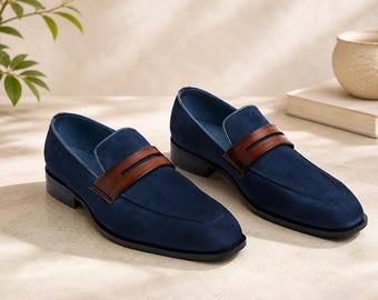 Handgemaakte marineblauwe suède penny-loafers: leren loafers instapschoenen | Klassiek formeel schoeisel