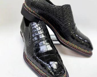 Handmade Black Alligator Embossed Leather Slip On mens Dress Shoes Square Toe mens Loafers, Full Grain Leather Shoes men