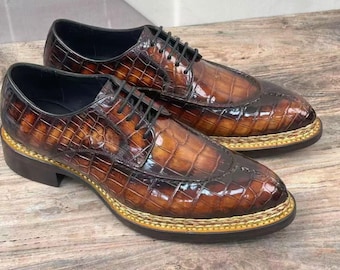 Zapatos de piel de cocodrilo hechos a mano, zapatos de vestir para hombre en cuero repujado / Oxfords para hombre