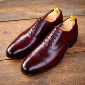 shoes for men Handmade Oxblood Leather mens Oxfords Shoes, Burgundy Cap Toe mens Dress Shoes