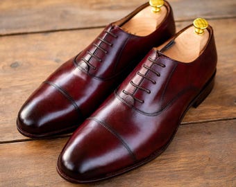 schoenen voor heren handgemaakte oxbloodleren oxfordschoenen, bordeauxrode schoenen met kapje