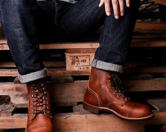 Handgemaakte bruine leren laarzen met neus: Goodyear rand, vintage stijl, op jouw maat gemaakt