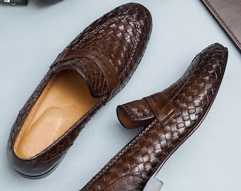 Handmade Slip On shoes Woven Leather Loafers Brown mens Dress Shoes Italian Style mens leather shoes, Wedding Luxury Footwear