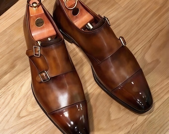 Handmade Men's Genuine Brown Leather Double Monk Strap Formal Dress Shoes