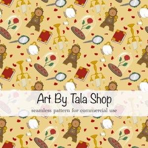 May include: A seamless pattern with Beauty and the Beast motifs. It features a rose in a glass dome, a clock, a mirror, a teapot, a book, and a chandelier on a yellow backdrop. The text "Art By Tala Shop" is also visible.