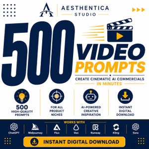 500 AI-videoprompter för reklamfilmer | ChatGPT, Midjourney, Veo (digital nedladdning)
