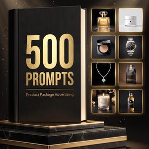 以下が含まれることがあります： 黒い表紙に金色の文字で「500 PROMPTS Product Package Advertising」と書かれた本が、黒い大理石の階段状の台座に置かれています。右側には、香水、クリーム、腕時計、コーヒーなどの様々な製品が写った8つの小さな正方形の画像が並んでいます。