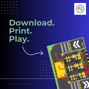 Może przedstawiać: Cyfrowa grafika do druku z napisem Download. Print. Play. oraz białą strzałką wskazującą na kolorowy wzór maty do zabawy w lotnisko. Mata zawiera żółte strefy ostrzegawcze, czarne miejsca parkingowe oraz białe strzałki kierunkowe.