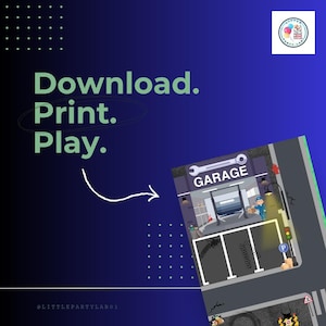 Può includere: Una grafica digitale con il testo Download. Print. Play. e una freccia bianca che punta a un'illustrazione colorata di un garage. Il garage include un meccanico, un ponte sollevatore, attrezzi e posti auto su uno sfondo blu scuro.