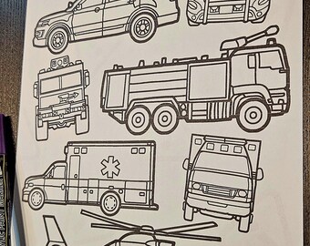 Emergency Vehicles Coloring Page | Urban Police Fire Truck Ambulance Printable | Kids Transportation Coloring Sheet | Digital Downloads