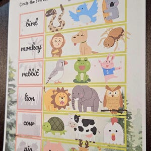 Può includere: Foglio di lavoro didattico intitolato "Animali" con illustrazioni colorate di vari animali. Il foglio di lavoro include il testo "Cerchia l'immagine dell'animale corretto" e presenta una griglia con nomi di animali e immagini corrispondenti.