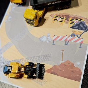 Tapete de juego imprimible para obras en construcción - Mapa de carreteras infantil A4 | Obra con coches de juguete | Actividad con excavadora y camión