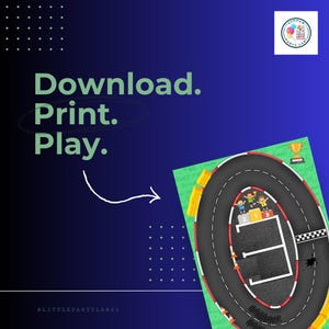 May include: A digital graphic featuring the text Download. Print. Play. with a white arrow pointing to a race track illustration. The track is oval-shaped with a checkered finish line, a winner's podium with three figures, and a gold trophy icon.