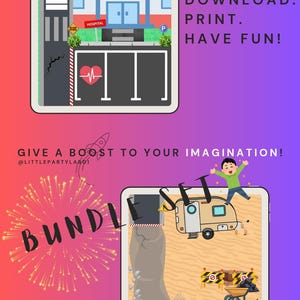 May include: A digital graphic featuring two rectangular panels on a purple gradient background. The top panel shows a hospital building with a parking lot and heart icon. The bottom panel depicts a camper, construction site, and a child. Text includes DOWNLOAD. PRINT. HAVE FUN! and GIVE A BOOST TO YOUR IMAGINATION! @LITTLEPARTYLAB01 BUNDLE SET.
