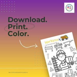 Può includere: Una pagina da colorare stampabile con il testo "Worksite" e illustrazioni di attrezzature edili e un operaio edile. Lo sfondo è una sfumatura di viola e giallo con le parole "Download. Print. Color."