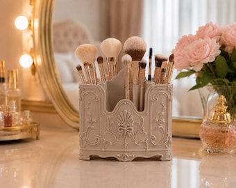 Elegant Beige Makeup Brush Holder, Vanity Organizer, Rococo Makeup Brush Storage, French Vintage Vanity Decor, Beauty Desk Organizer, Decor