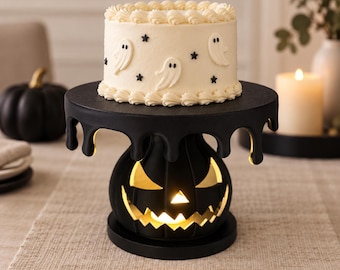 Lighted Halloween Pumpkin Cake Stand, Black Jack O Lantern Dessert Display, Cupcake Stand, Spooky Party Decor, 8 Inch