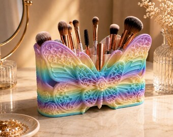 Makeup Organizer with Butterfly Floral Detailing, 3D Printed Vanity Storage, Pastel Rainbow Finish