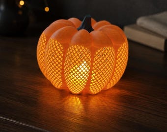 Orange Lattice Pumpkin Lantern, 3D Printed LED Tea Light Holder, Fall and Halloween Decor