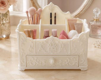 Rococo Makeup Organizer with Drawer, 5-Compartment Vanity Storage and Makeup Brush Holder