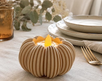 Set of 2 Ribbed Pumpkin Tealight Holders with LED Candles – Modern Fall Decor