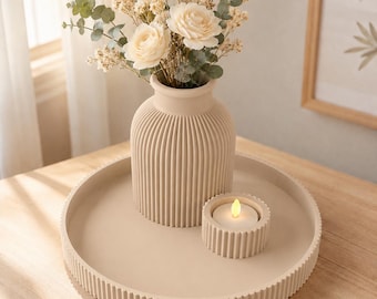 Beige Modern Decorative Tray Set with Vase & Tealight Candle Holder | 3D Printed Minimalist Home Decor | Bathroom Vanity Decor | Coffee Tabl