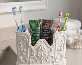 Rococo Toothbrush Holder, 3 Compartment Bathroom Organizer, Ornate Vanity Storage, Vintage Baroque Bathroom Decor, Toothpaste Holder