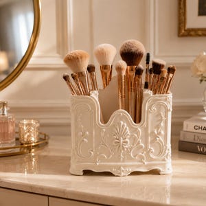May include: A cream-colored, rectangular makeup brush holder with ornate, raised scrollwork and floral relief detailing. The container is filled with various makeup brushes featuring metallic copper-toned handles and soft, multi-toned bristles.