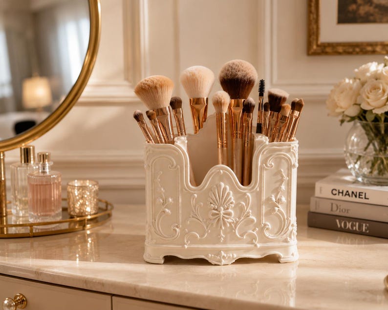 May include: A cream-colored, rectangular makeup brush holder with ornate, raised scrollwork and floral relief detailing. The container is filled with various makeup brushes featuring metallic copper-toned handles and soft, multi-toned bristles.
