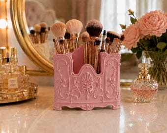 Pink Makeup Brush Holder, Vanity Organizer, Pink Rococo Makeup Brush Storage, French Vintage Vanity Decor, Beauty Desk Organizer, Room Decor