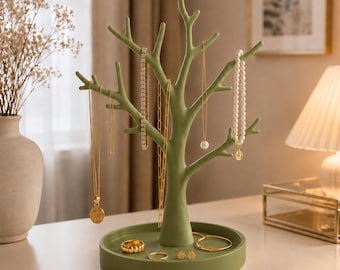 Green Jewelry Tree Organizer with Ring & Earring Tray, Necklace and Bracelet Holder, Nature-Inspired Dresser Decor, Gift for Her