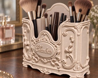 Elegance Personalized Makeup Brush Holder, Custom Name Rococo Vanity Organizer, Gift for Her