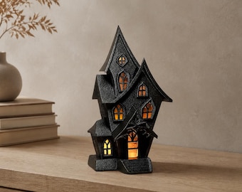 Black Lighted Haunted House, Gothic Halloween Tabletop Decor