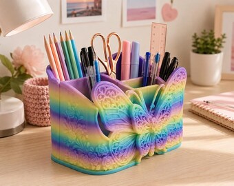 Rainbow Butterfly Desk Organizer, Colorful Pen, Pencil & Marker Holder for Girls