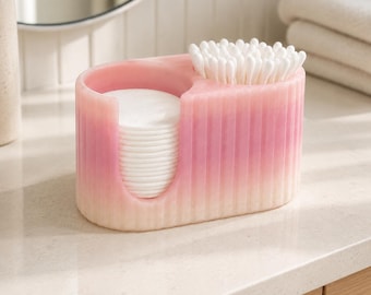 Pink Cotton Pad & Q-Tip Holder, Ribbed Vanity Organizer, 3D Printed Bathroom Storage