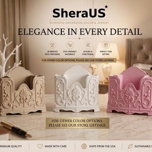 May include: Three rectangular organizers in beige, white, and pink, featuring ornate relief patterns with scrolls and a central shell motif. The text SheraUS, 3D PRINTED ORGANIZERS, DECOR & JEWELRY, ELEGANCE IN EVERY DETAIL, and other labels are visible.