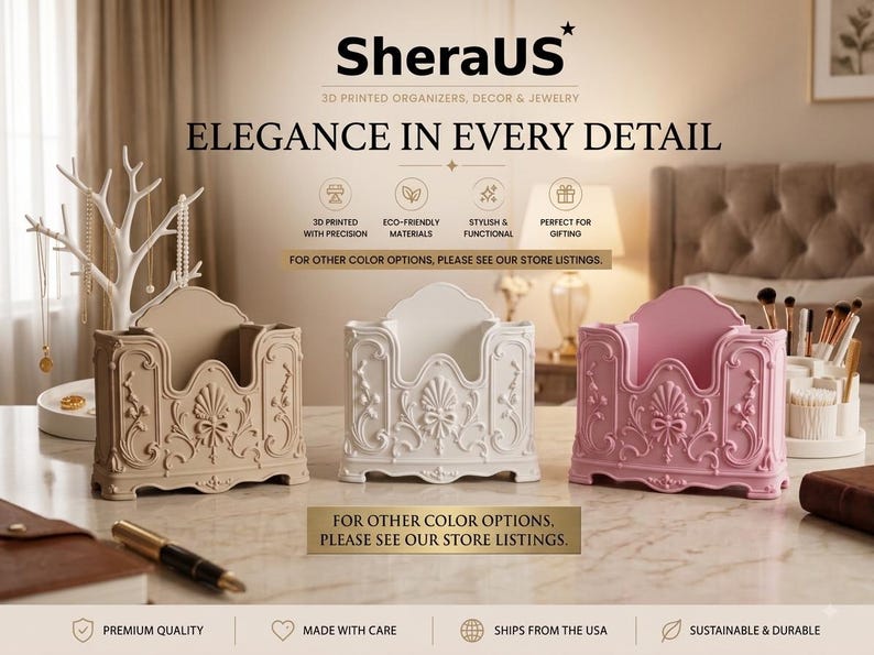 May include: Three rectangular organizers in beige, white, and pink, featuring ornate relief patterns with scrolls and a central shell motif. The text SheraUS, 3D PRINTED ORGANIZERS, DECOR & JEWELRY, ELEGANCE IN EVERY DETAIL, and other labels are visible.