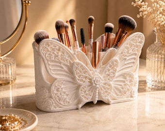 Butterfly Makeup Brush Holder, White Vanity Organizer, Cosmetic Brush Storage, Butterfly Vanity Decor, Makeup Organizer for Brushes