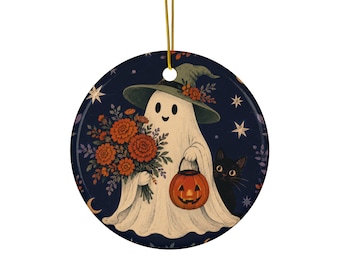 Vintage Halloween Ghost with Pumpkin Lantern Ornament | Ceramic