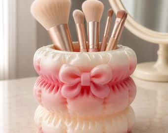 Pink Coquette Bow Makeup Brush Holder, Elegant Pillow-Inspired Vanity Organizer, Girly Cosmetic Storage, 3D Printed Vanity Decor