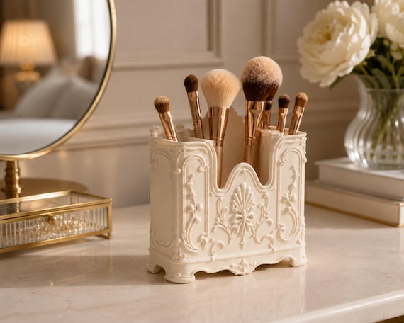 Elegant Makeup Brush Holder, Vanity Organizer, Rococo Makeup Brush Storage, French Vintage Vanity Decor, Beauty Desk Organizer, Room Decor