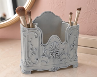 Antique Pearl Gray Makeup Brush Holder, Rococo Vanity Organizer, Vintage French Cosmetic Storage, Gift for Her