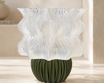 Olive Green Sculptural Table Lamp with Clear Wavy Shade, 3D Printed Ambient Light